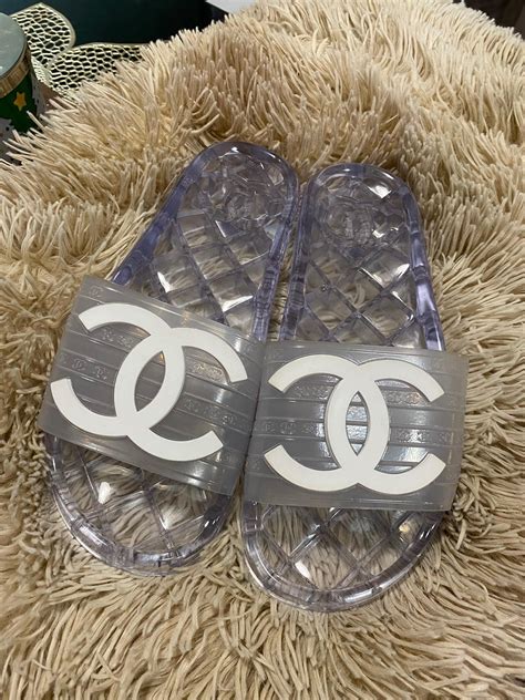 chanel flat slides|Chanel clear pool slides.